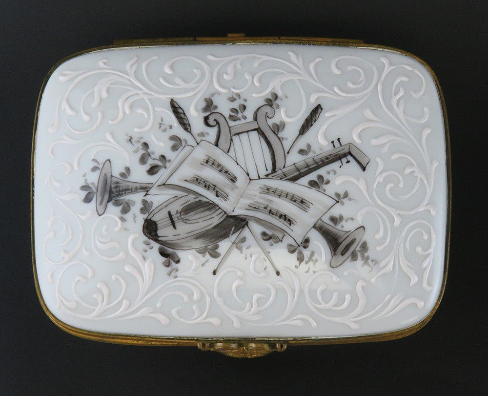 Elegant French Porcelain Black and White Musical Instrument Motif Trinket Box