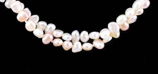 Double Stranded Necklace of Peach-Pink Real Pearls and 14k Yellow Gold Clasp