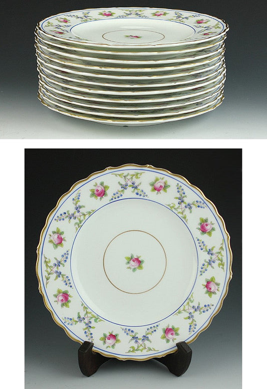11 English Coalport Porcelain Painted Gilt Floral Luncheon 9" Plates