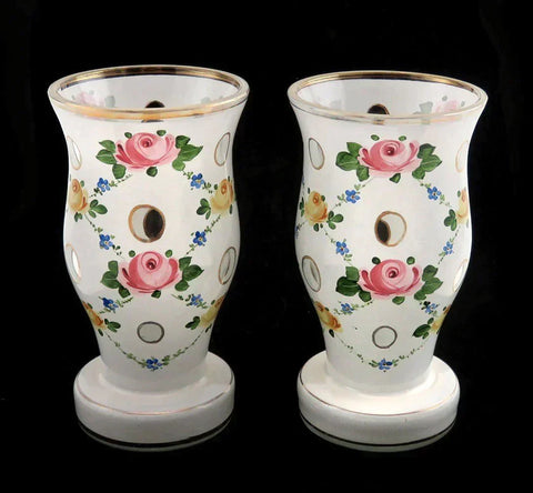 Pair Antique c1890 Bohemian Hand Painted Glass Flower Vases