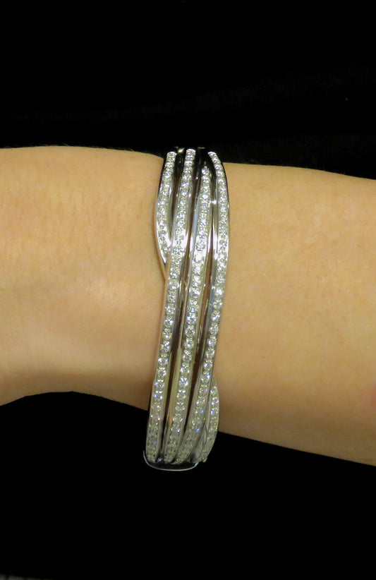 High End 18K White Gold ~2.5ct Diamond Wide Hinged Bangle Bracelet