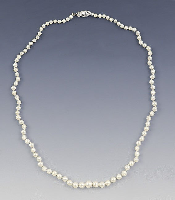 Stunning Strand Graduated Pearls w/14K White Gold Filigree Clasp Necklace