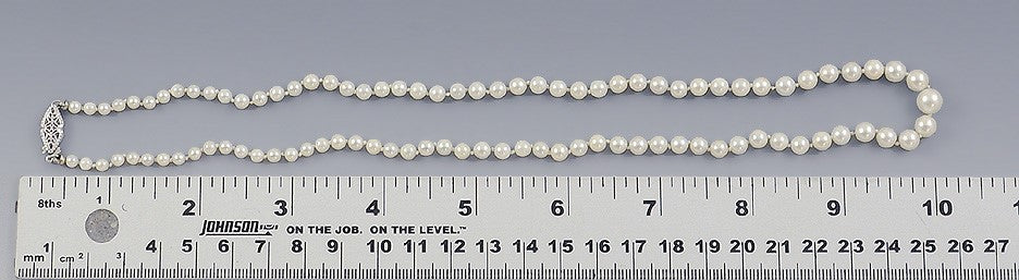 Stunning Strand Graduated Pearls w/14K White Gold Filigree Clasp Necklace