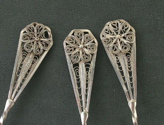 12 Fine Quality Silver Filigree Floral Demitasse Spoons