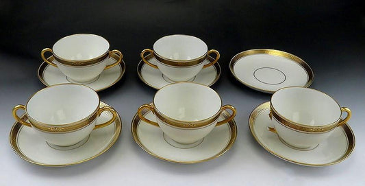 Limoges Porcelain/Fine China PIC46 Gold Rim Hand Painted Bouillon Bowls Saucers