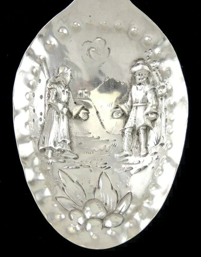 Antique c1860 Dutch Silver Genre Scene Hook End Punch Serving Spoon/Scoop 5.5"
