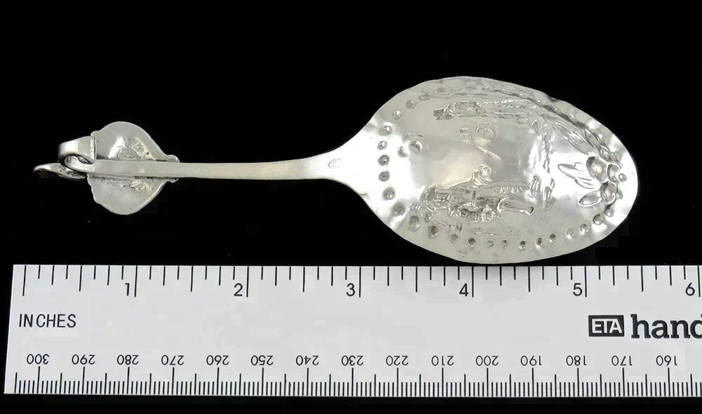 Antique c1860 Dutch Silver Genre Scene Hook End Punch Serving Spoon/Scoop 5.5"