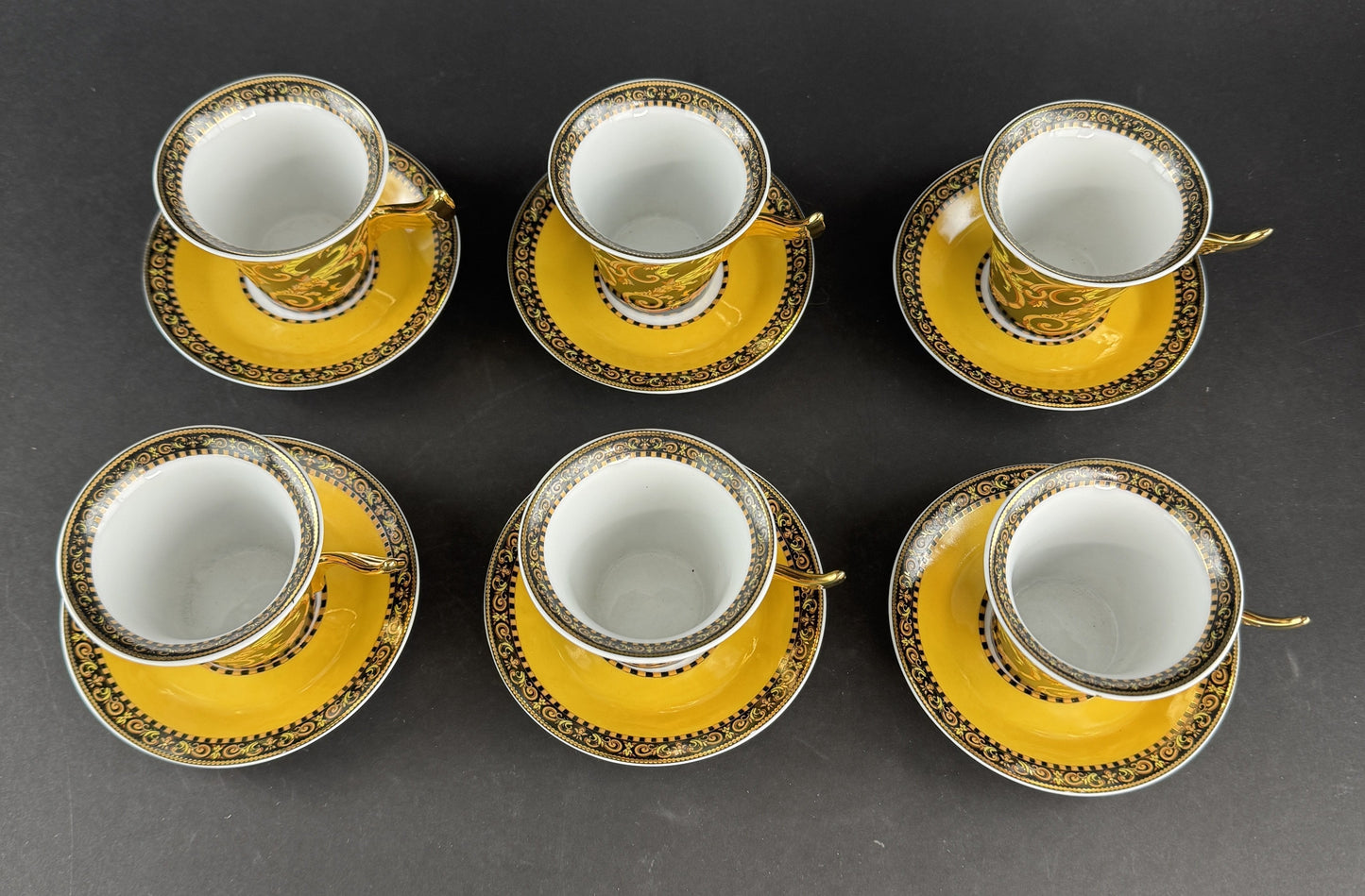 Pristine Set 6 Versace Rutherford Barocco Italy Gold Coffee Cups w Saucers