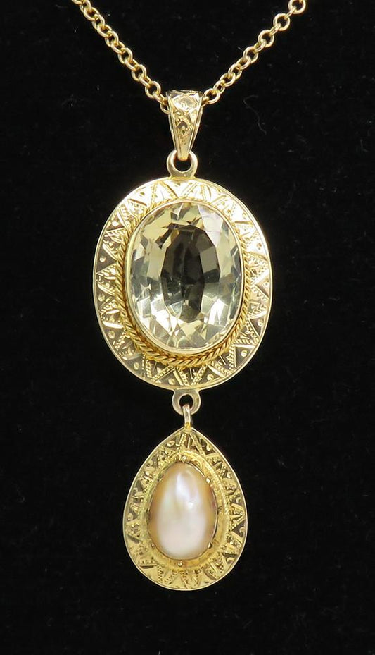 Elegant c1890s 14k Yellow Gold Citrine Teardrop Pearl Pendant Necklace