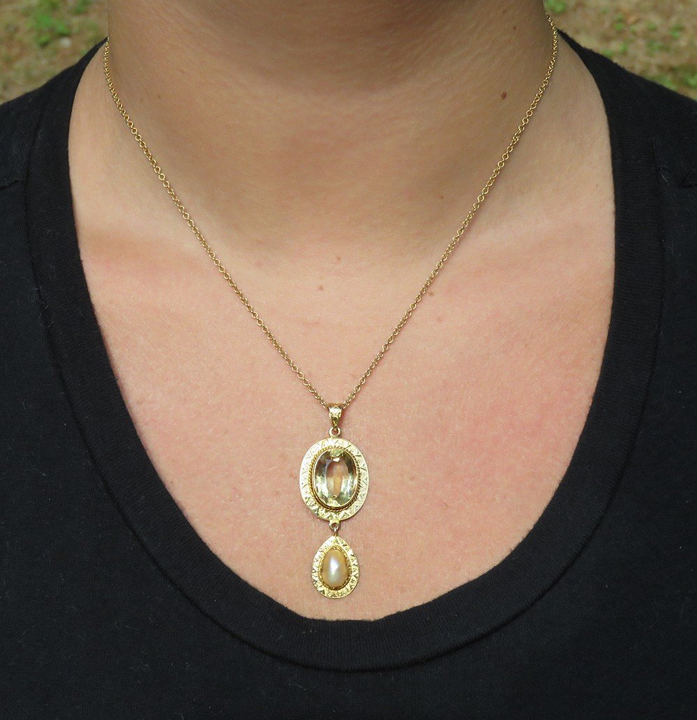 Elegant c1890s 14k Yellow Gold Citrine Teardrop Pearl Pendant Necklace
