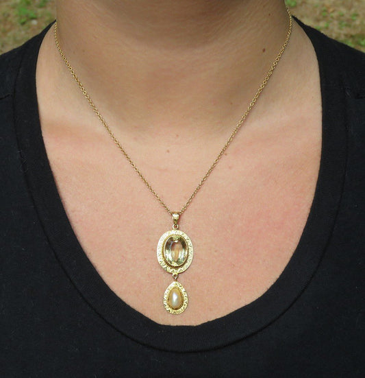 Elegant c1890s 14k Yellow Gold Citrine Teardrop Pearl Pendant Necklace