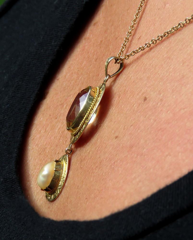 Elegant c1890s 14k Yellow Gold Citrine Teardrop Pearl Pendant Necklace
