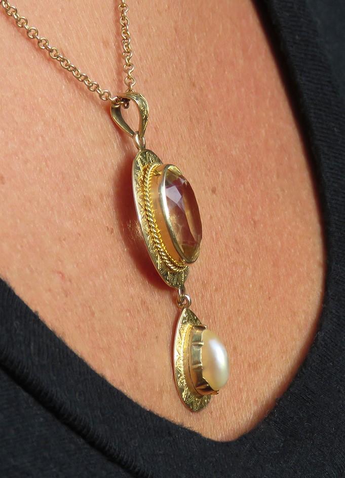 Elegant c1890s 14k Yellow Gold Citrine Teardrop Pearl Pendant Necklace