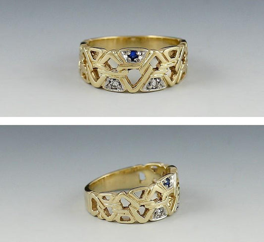 Geometric Triangle 14K Yellow Gold Diamond Blue Sapphire Ring Size 5