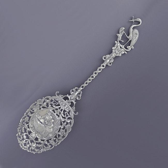 Antique 1909 Dutch Silver Art Nouveau Stork Newborn Baby Theme Serving Spoon