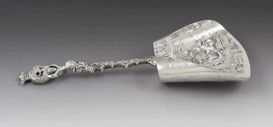 Antique c1900 Dutch Style Hanau German Silver Pub Scene Scoop Spoon
