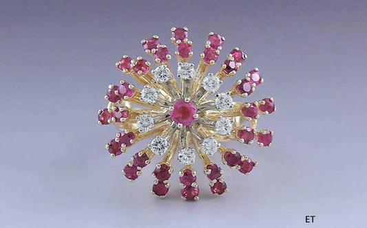 Beautiful 14k Yellow Gold Red Ruby & Diamond Cluster Ring Size 5.5