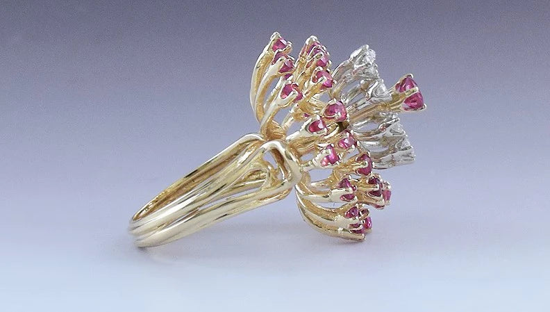 Beautiful 14k Yellow Gold Red Ruby & Diamond Cluster Ring Size 5.5