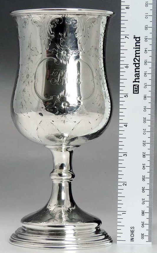 c1840s Beautiful American Coin Silver Hand Chased Chalice Goblet Cup