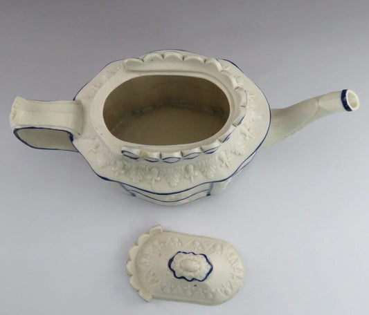 Antique c1810 English Glazed Bisque Porcelain Pottery White Blue Teapot