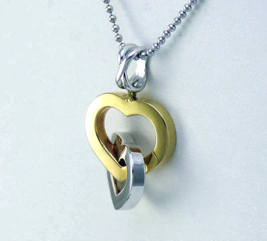 18K White & Yellow Gold Interlocking Hearts Love Pendant Necklace Ball Chain