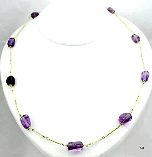 Beautiful 14K Yellow Gold Link & Tumbled Amethyst Gemstone Necklace
