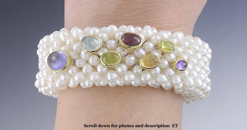 Unique 18k Gold Freshwater Pearl & Multi Color Gemstone Bracelet