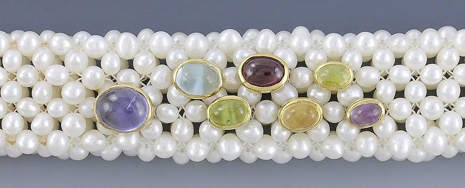 Unique 18k Gold Freshwater Pearl & Multi Color Gemstone Bracelet