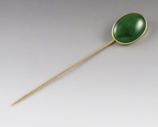 Antique c1900 Green Jade Nephrite Cabochon 14K Yellow Gold Stick Pin
