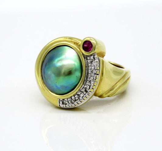 18k Yellow Gold Black Peacock Mabe Pearl Ruby Diamond Ring Michael Valitutti