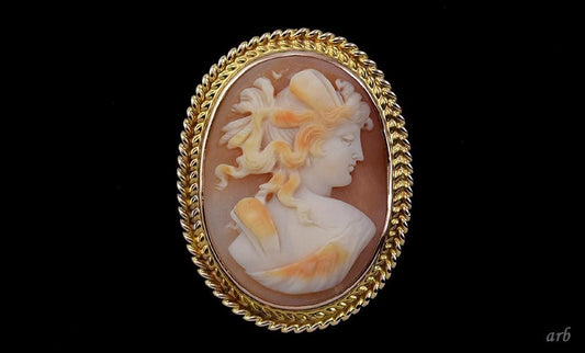 Shining 10k Yellow Gold Framed Carved Shell Cameo Pin w/ Fiery Accents