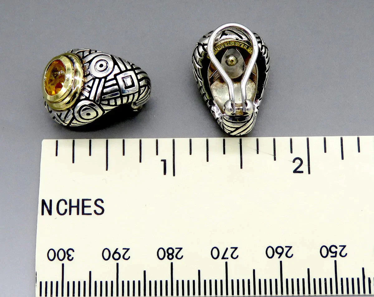 Designer Pair 18K Yellow Gold Sterling Silver Citrine Gemstone Clip On Earrings
