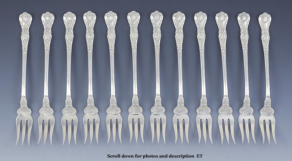 set of 12 antique Gorham King George pattern sterling silver cocktail forks 1894