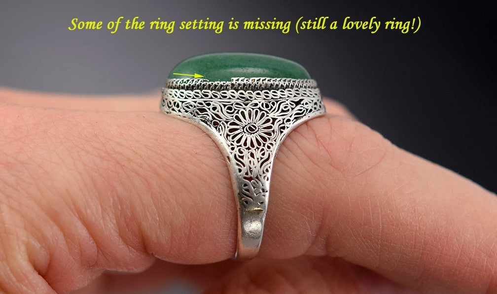 Fine Antique Chinese Silver Filigree Ring & Green Aventurine Gemstone Size 6.5