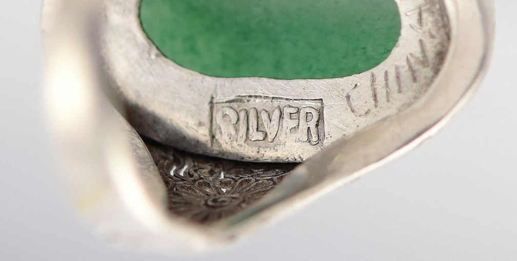 Fine Antique Chinese Silver Filigree Ring & Green Aventurine Gemstone Size 6.5