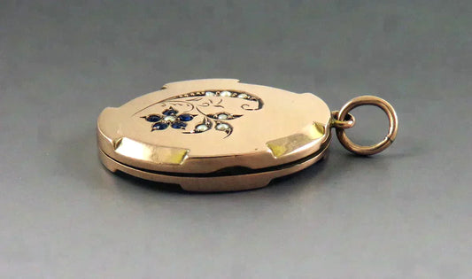 c1900 9k Gold Back and Front Blue Paste Seed Pearl Flower Locket Pendant