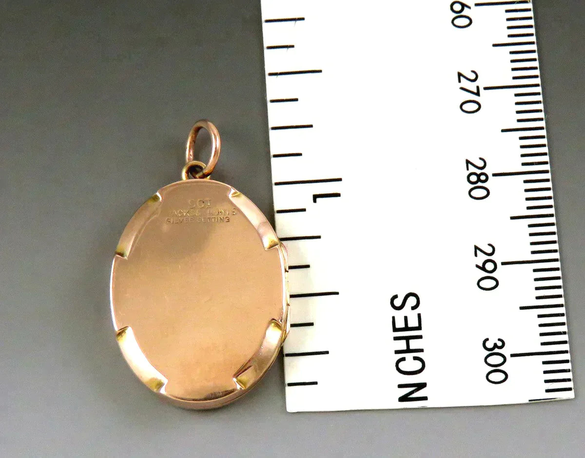 c1900 9k Gold Back and Front Blue Paste Seed Pearl Flower Locket Pendant