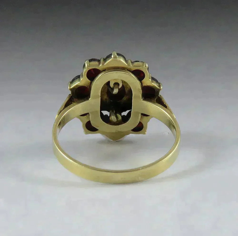Vintage 14K Yellow Gold Natural Pearl Garnet Gemstone Halo Ring