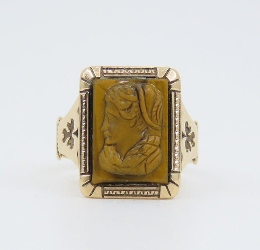 Antique Victorian 10K Yellow Gold Hand Carved Tiger's Eye Stone Cameo Ring