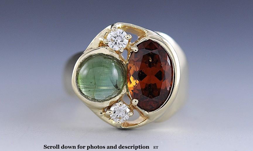 Artisan 14K Yellow Gold Cat's-Eye Tourmaline Mali Garnet Diamond Ring Size 9.25