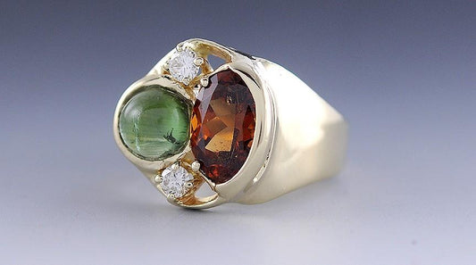Artisan 14K Yellow Gold Cat's-Eye Tourmaline Mali Garnet Diamond Ring Size 9.25