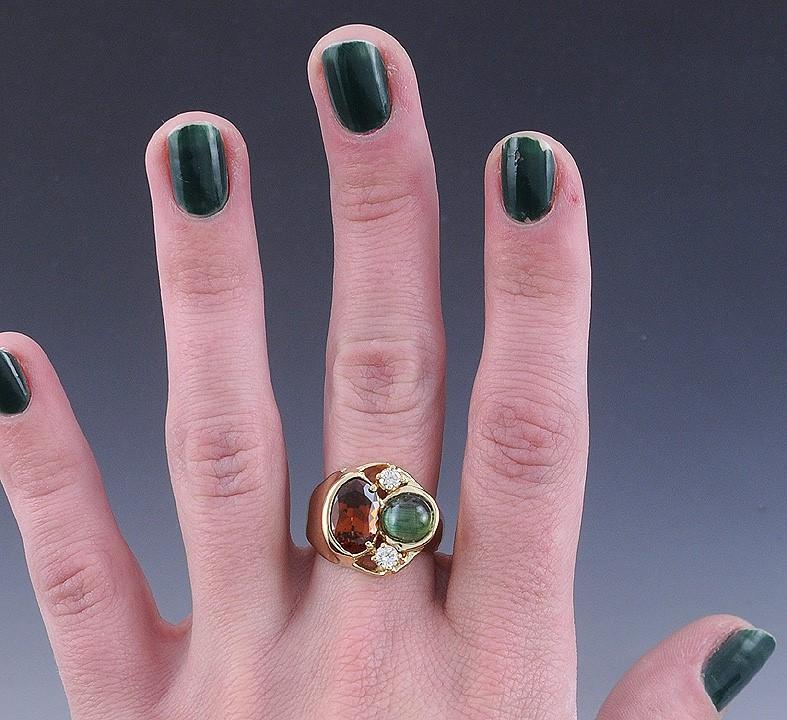 Artisan 14K Yellow Gold Cat's-Eye Tourmaline Mali Garnet Diamond Ring Size 9.25