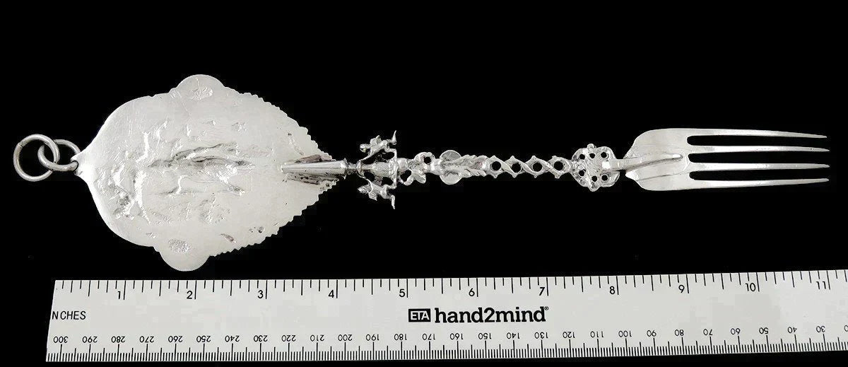 Antique 1852 Dutch Colonial Silver Flag Crest Huge Serving Fork 11 1/4"
