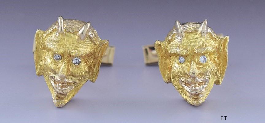 Delightful Pair 14K Gold & Diamond Devil Demon Imp Head Cufflinks