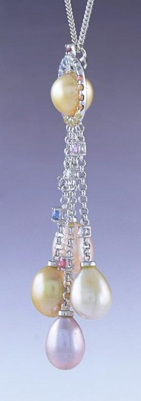 Vibrant 18K White Gold Multicolor Sapphire Pearl Pendant