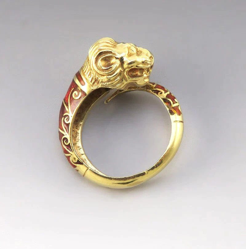 Awesome Modern 18K Yellow Gold Enamel Coiled Lion Head Statement Ring Sz 10