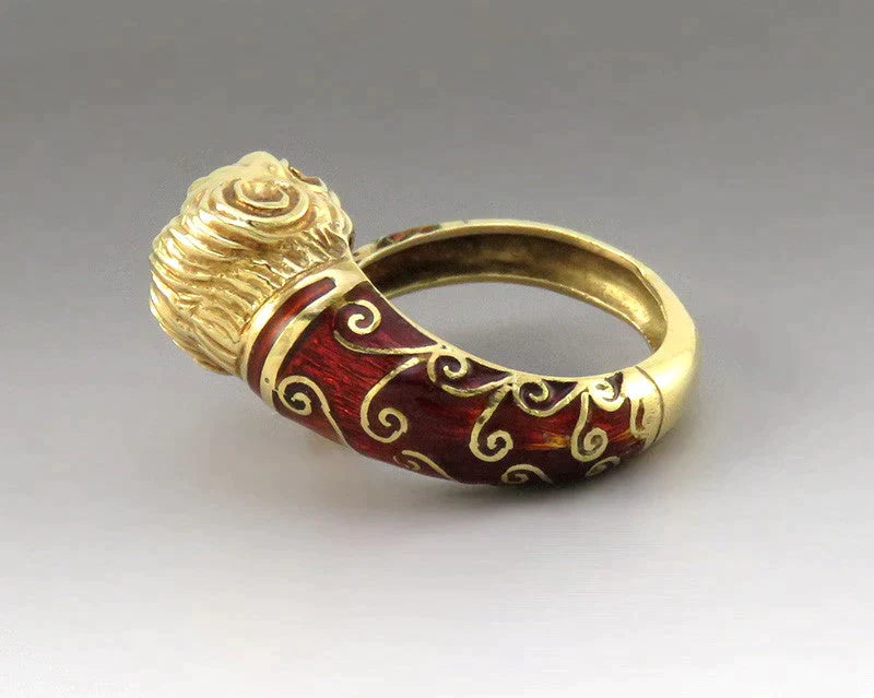Awesome Modern 18K Yellow Gold Enamel Coiled Lion Head Statement Ring Sz 10