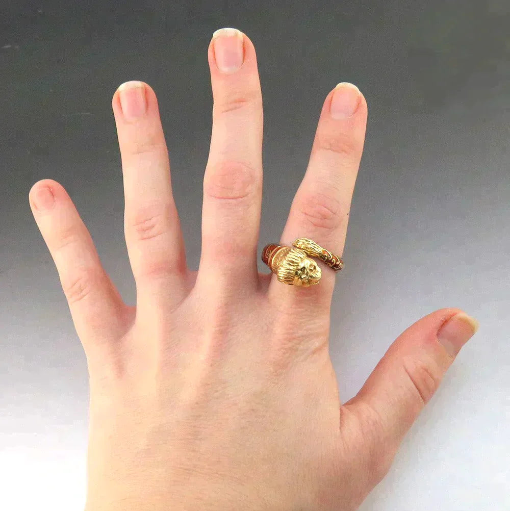 Awesome Modern 18K Yellow Gold Enamel Coiled Lion Head Statement Ring Sz 10