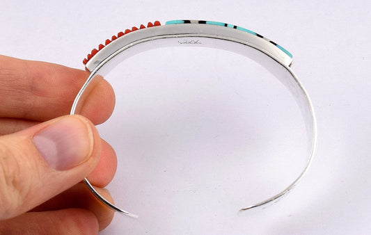 Gorgeous and Unusual Sterling Silver U.S Southwest Turquoise Coral Cuff Bracelet