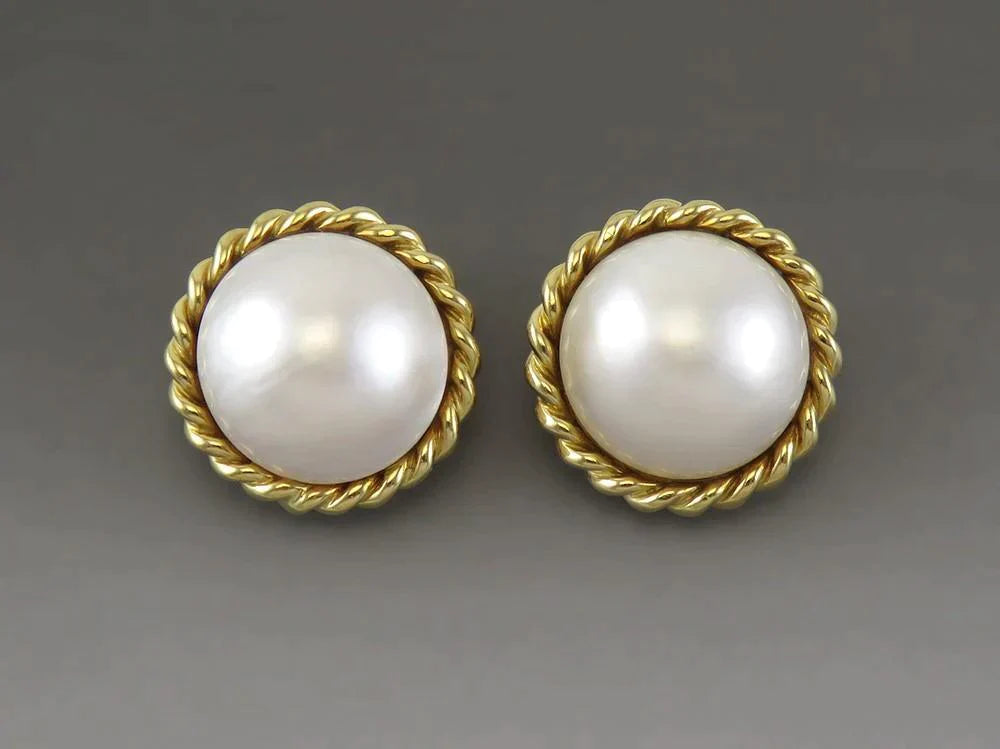 Gorgeous 18K Yellow Gold & Mabe Pearl Omega Back Statement Earrings